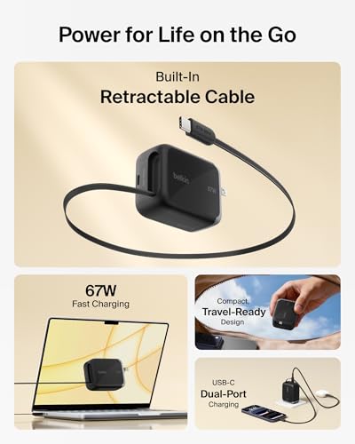Belkin 67W GaN USB C Retractable Charger Block Fast Charging for Travel | 3.3ft Retractable Cable, USB C Port, iPhone 17, Galaxy S26, AirPods, iPads, MacBook, Travel Charger, Charge Up to 2 Devices - color: Black, style: 67W
