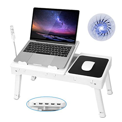 Foldable Laptop Desk, Adjustable Portable Laptop Stand for Bed Couch, Small Bed Table for Laptops and Writing, Bed Tray Table with Cup Holder, Cooling Fan, LED Light (White) - color: White
