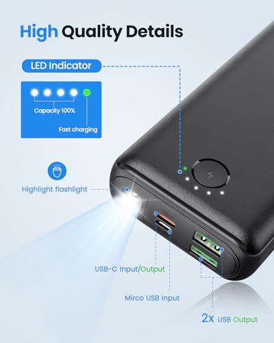 Portable Charger Power Bank 30000mAh USB C 22.5W Fast Charging Black | External Battery Pack PD QC4.0 with Flashlight 3 Outputs & 2 Inputs Battery Bank for iPhone Samsung Galaxy iPad etc