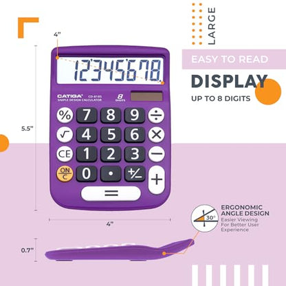 CATIGA Desktop Calculator 8 Digit with Solar Power and LCD Display, or Home, Office, School, Class and Business, 4 Function Small Basic - color: Violet