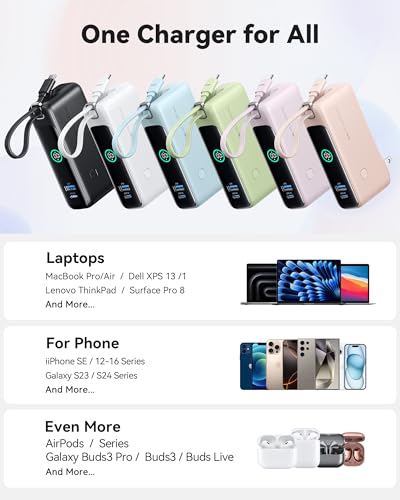 INIU 30W Fast Charging Portable Charger, with Built-in Cable & AC Wall Plug | 10000mAh, Small, Fast Charging, Built-in USB C Cable, Flight-Safe, Travel, Battery Pack for iPhone 17 16 Pro, Samsung S26 etc - color: Black