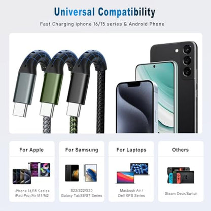 DFLASHS USB-C to USB-C 60W 3FT 3-Pack, Nylon Braided Fast Charging Cable | Compatible with Samsung, iPhone, Pixel, iPad, MacBook. Nylon braided, fast charge. - size: 3FT