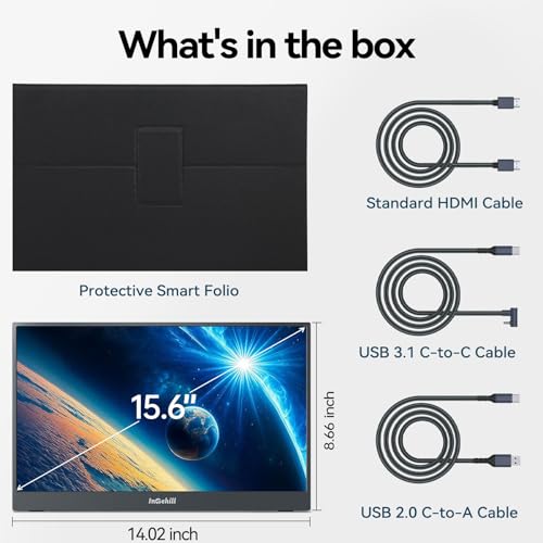 Intehill 15.6" FHD Portable Laptop Monitor | 1920x1080 IPS External Display | Dual-Speakers, Ultra-Slim Aluminum Alloy Design, Magnetic Folio Stand, USB-C & HDMI Second Screen for Laptop, F15ZA - color: Black