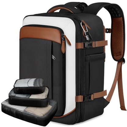 Vancropak 40L Carry on Backpack for Travel, Flight Approved Expandable Bag | 3 Packing Cubes, 17.3" Laptop Compartment, Water-Resistant, Anti-Theft, Lightweight Weekender Travel Bag, Business Backpack - color: Black White Light Brown