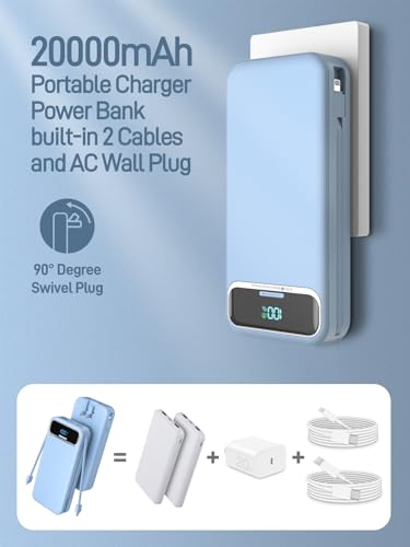 Nusyddy Portable Charger 20000mAh Fast Charging w/Built-in Wall Plug Blue | 22.5W Fast Charging, High Capacity, LED Display, Charge 5 Devices at once, TSA Approved, Compatible with iPhone/Samsung - color: Azure