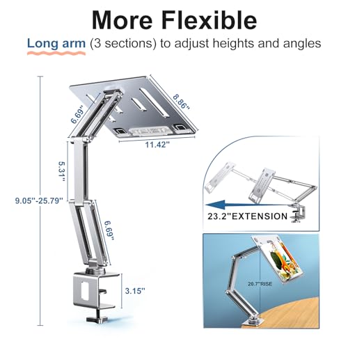 Laptop Stand Desk Mount, Aluminum Adjustable Laptop Arm with Tray | 360° Rotatable Ergonomic Computer Holder for 11-15 Inch Laptops & Tablets, Relieve Neck Strain for Sitting & Standing Work - color: Silver