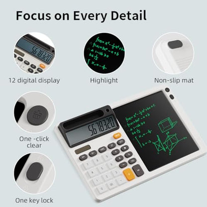 Solar Desk Calculator with 7.5 inc LCD Writing Membrane, 15° Tilt for Easy Reading, Integrated Phone Stand, Voice & Silent Modes, Anti-Slip Pads for Stability, Ideal for Office & Study Use