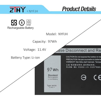 NYFJH Laptop Battery Replacement for Dell Precision 7530 Precision 7730 | Precision 7540 Precision 7740 Mobile Workstation Series GW0K9 0WNRC VRX0J 0NYFJH 0GW0K9 451-BCGI 11.4V 8070mAh 97Wh 6-Cell - size: 13.39*3.23*0.39 inch NYFJH