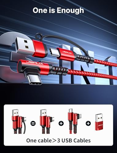 JSAUX 3-in-1 USB-C Cable 2-Pack 6.6FT, 100W Right-Angle Fast Charging, Red | Right-Angle Braided Cables with USB-A Adapter, 2 x 6.6 ft, for iPhone 17/16/15, Galaxy S26/S25/S24, iPad, MacBook, Steam Deck - color: Red, size: 6.6FT