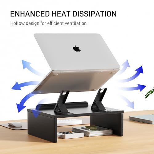 AFOOYO Adjustable Wood Laptop Stand with Storage Space - Notebook Organizer & Ergonomic Computer Riser, Wrist Rest Included, Compatible with 9.8-15'' Laptops (MacBook Air Pro/HP/Dell/Lenovo),Black - color: Black
