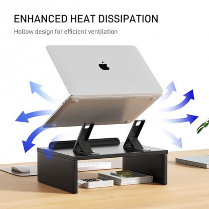 AFOOYO Adjustable Wood Laptop Stand with Storage Space - Notebook Organizer & Ergonomic Computer Riser, Wrist Rest Included, Compatible with 9.8-15'' Laptops (MacBook Air Pro/HP/Dell/Lenovo),Black - color: Black