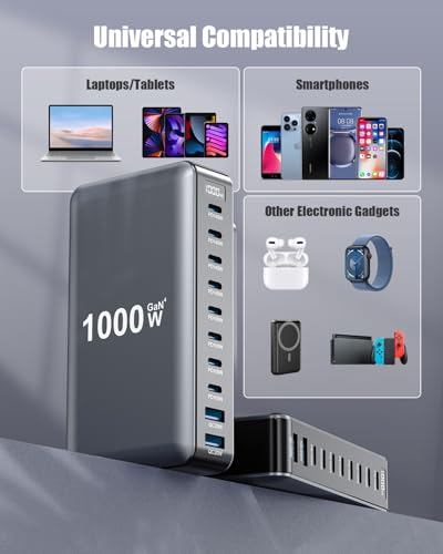 USB C Charger 1000W USB C Charger Block,Upgraded GaN IV 10-Port Charging Station Hub,Travel Essentials 140W Fast Charging Laptop Adapter for MacBook Pro/Air,DELL,Steam Deck,iPhone 17/16,Galaxy S25/24 - color: Black