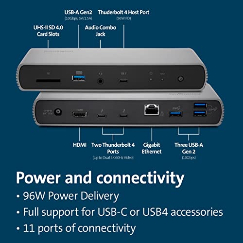 Kensington SD5780T Thunderbolt 4 Dual 4K Docking Station with up to 100W Power Delivery & SD Card Reader, HDMI & Thunderbolt 4 Ports for Windows and MacBooks (K33040NA) | 100W power delivery, SD card reader, HDMI and Thunderbolt 4 ports, for Windows and M