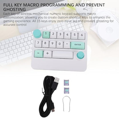 Asixxsix Number Pad, RGB 15 Keys Hot Swappable Wireless Numeric Keypad Macro Programmable Rechargeable Number Keypad with 3 Mode USB C 2.4G Bluetooth for Laptop Desktop Computer PC (White Green) - color: White Green