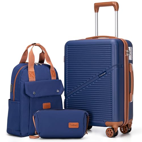 Cosbarn Carry On Luggage,3 Piece Suitcase Set,22x14x9 Airline Approved | Lightweight ABS Hardside Luggage, TSA-Approved Lock,Suitcases with 360° Spinner Wheels,20Inch,Matching Backpack,For Men&Women - color: Dark Blue, style: Carry on Luggage With Backpac