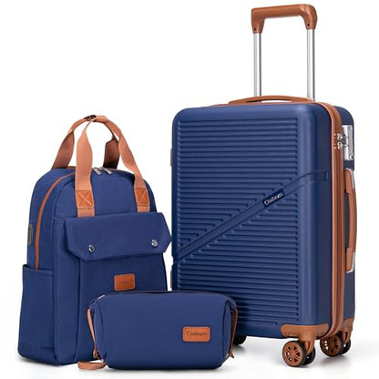 Cosbarn Carry On Luggage,3 Piece Suitcase Set,22x14x9 Airline Approved | Lightweight ABS Hardside Luggage, TSA-Approved Lock,Suitcases with 360° Spinner Wheels,20Inch,Matching Backpack,For Men&Women - color: Dark Blue, style: Carry on Luggage With Backpac