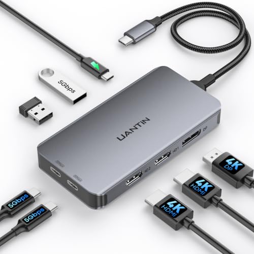 UANTIN Laptop Docking Station 3 Monitors, 8-in-1 USBC Docking Station with Dual HDMI, DP 4K@60Hz, 5Gbps USB A & USB C Data, 100W PD, USB C Hub Multiport Adapter for Dell, HP, Lenovo, Surface Laptop