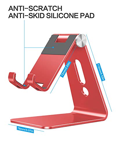 OMOTON C2 Adjustable Aluminum Cell Phone Stand with Charging Cutout, Red | Sturdy 3mm Aluminum, Charging Port, 270° Adjustable, Non-Slip Silicone Pads, Works with Thick Cases, for All Smartphones - color: Red