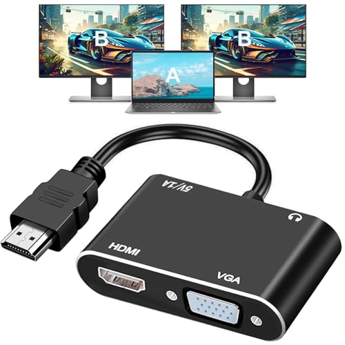 AKWOR HDMI to VGA+HDMI Adapter for Dual Monitor, HDMI to VGA & HDMI Splitter 1 to 2,1080P@60HZ Full HD Display Video Converter Compaitble with Windows/Mac Os/Linux, Plug & Play - style: HDMI to VGA + HDMI