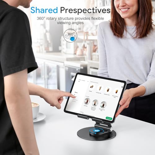 OMOTON Swivel Tablet Stand for iPad with 360 Rotating Base, Foldable Adjustable Holder for Drawing, Compatible with iPad Pro/Air/Mini and More, Black Gray | Aluminum Foldable Mount with Rotating Base, Desk Kitchen Drawing Travel, Fits iPad Pro/Air Samsung