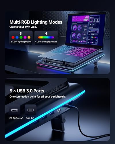 llano V12 Ultra Laptop Cooling Pad with Smart Software Control Laptop Fan | Laptop Stand RGB, 5.5" Turbo Fan, Adjustable Speed, 3-Port USB 3.0 Hub, 3 Height Stands, for 15.6"-19" Gaming Laptops, Black