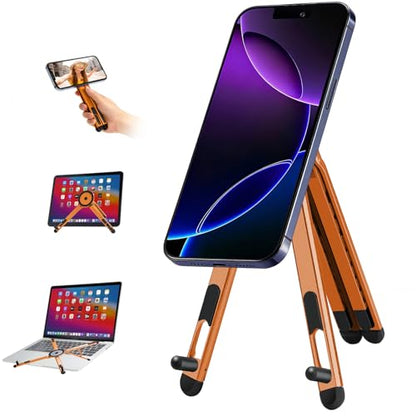3-in-1 Foldable Magnetic Phone Tripod Stand, Portable Aluminum Alloy Adjustable Holder for Tablet, Laptop MacBook Pro/Air 10–16", Magnet Phone Mount Compatible with MagSafe iPhone Android - color: Orange