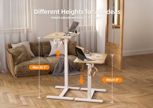 Claiks Mobile Standing Desk with Cup Holder Overbed Table 25.5" Natural | Cup Holder, Rolling Adjustable Desk, Hidden Wheels, Gas Spring Lift, Side Hook, Easy Assembly, Hospital Use - color: Natural