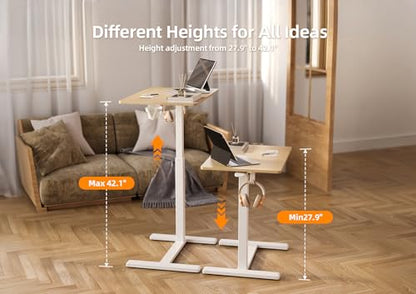 Claiks Mobile Standing Desk with Cup Holder Overbed Table 25.5" Natural | Cup Holder, Rolling Adjustable Desk, Hidden Wheels, Gas Spring Lift, Side Hook, Easy Assembly, Hospital Use - color: Natural