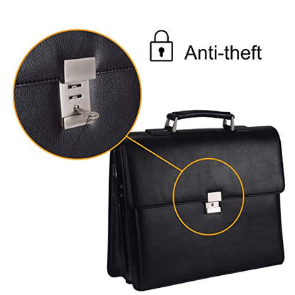 Mens Leather Briefcases Office Attorney Attache Case Ideal Gift Messenger Bag w/Padded Compartment,Black - color: Black - Fits 15.6" Laptop