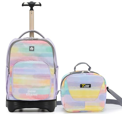 NEW TILAMI 18 Inch Rolling Backpack with Lunch Bag for Girls Boys School | 6-Wheel Stair-Climbing Girls Boys Carry-on Suitcase Water-Resistant Adjustable Trolley Handle Wheels School Travel Camping - color: Mood Map