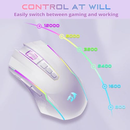 Redragon Wireless Gaming Mouse, Tri-Mode 2.4G/USB-C/Bluetooth Mouse Gaming, 12000 DPI, RGB Backlit, Fully Programmable, Rechargeable Wireless Computer Mouse for Laptop PC Mac, White - color: White, style: Bluetooth/ 2.4G/ Wired