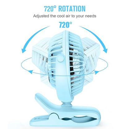 HONYIN 720° Rotation Small Desk, Hang & Clip on Fan by USB Plug In | Sturdy Clamp, 3 Speeds, Quiet Little Personal Cooling Fan for Bedroom Office Desktop Treadmill - color: Blue
