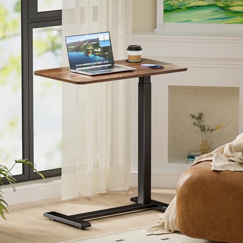 BIZUM Adjustable Hospital Bed Table on Wheels, Rolling Bedside Table Walnut | Adjustable height 29.7-43.3in, 27.6x15.8in surface, cup holder, 22lb capacity, pneumatic lift, 4 swivel wheels - color: Walnut