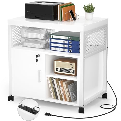Unikito Rolling File Cabinet Lateral Office Filing Cabinets with Socket and USB Charging Port, Modern Printer Stand on Wheels, Printer Cabinet with Door and Open Storage, Lockable, White - color: White