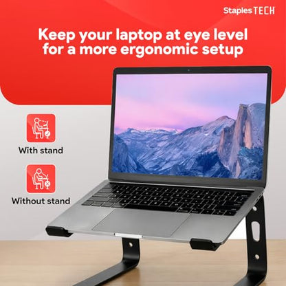 Staples TECH Aluminum Laptop Stand, Black, 11.2” x 10.2”, Ergonomic Cooling Riser for Notebook/MacBook/PC - style: Black