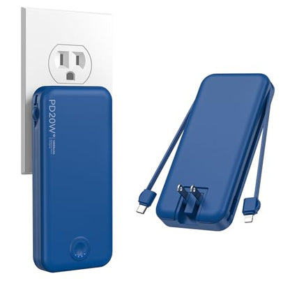 Nusyddy Portable Charger 10000mAh Fast Charging w/Built-in Wall Plug Navy | PD20W Fast Charging, LED Indicator, Pass Through Charging, TSA Approved, Compact/Slim, Power Bank for iPhone/iPad/Samsung - color: Navy