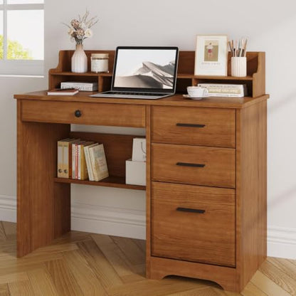 4 EVER WINNER Small Desk with Drawers for Small Spaces, 44'' Wood Desk with File Drawer & Monitor Stand, Office Desks Writing Study Table for Bedroom, Living Room, Brown - color: Brown
