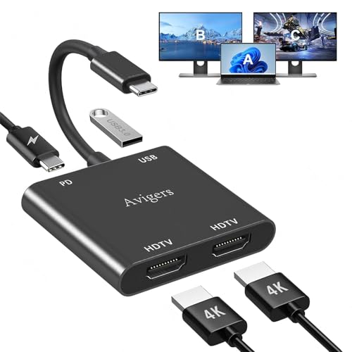 USB C to Dual HDTV Adapter 4K@60Hz, 4-in-1 HDMI Splitter Extend Display for Dual Monitors, macOS Only Allows Mirror Mode, Windows Allows Multi-Monitor Display 3 Separate Screens for 100W PD,USB-A Port - color: Black, size: 4 In 1 USB C to Daul HDMI Adapte
