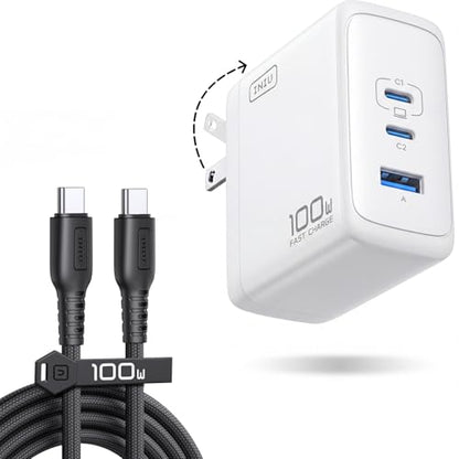 INIU 100W GaN USB C Charger, 3-Port Compact Fast Charging Block with 5ft 100W USB C Cable, Foldable Travel Laptop Charger for MacBook Pro Air 15 14, iPhone 17 16 Pro Max Samsung S26 S25 Dell etc White - color: White