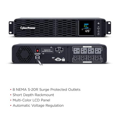 CyberPower CP2000PFCRM2U PFC Sinewave UPS Battery Backup | 2000VA/1200W, 8 Outlets, AVR, Short Depth 2U Rackmount, UL Certified - size: 2000VA, style: Rackmount 2U