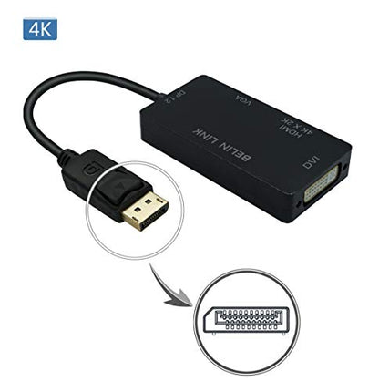 DP to HDMI VGA DVI Adapter Displayport to HDMI 4K Adapter 3 in 1 Display Port to HDMI VGA DVI Converter Male to Female Gold-Plated (Rectangle Black) - color: Black