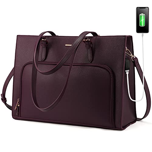 LOVEVOOK Laptop Bag for Women 15.6 inch Waterproof Work Tote Bag Briefcase with USB Charging Port PU Leather Computer Handbag Shoulder Bag Large Professional Teacher Bag for Travel Business School - color: Mulberry Purple
