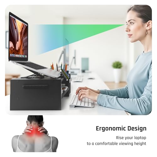 AFOOYO Adjustable Wood Laptop Stand, Ergonomic Height & Angle Computer Riser with Pen Holder – Compatible with MacBook Air/Pro, Dell, HP, Lenovo & 10-17.3" Notebooks – Black - color: Black, size: With Pen Holder