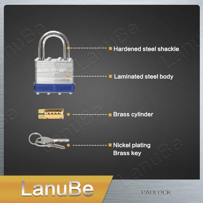 LanuBe Laminated Keyed Alike Padlock 120 Pack 1.6-in Wide Standard Shackle | Brass cylinder with keyed alike design.One key opens all locks. Blue，Standard shackle for gates, sheds,hasps ，toolboxes - size: 120 Pack Blue