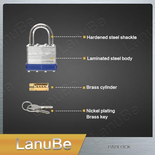 LanuBe Laminated Keyed Alike Padlock 100 Pack 1.6-in Wide Standard Shackle | Brass cylinder with keyed alike design.One key opens all locks. Blue，Standard shackle for gates, sheds,hasps ，toolboxes - size: 100 Pack Blue