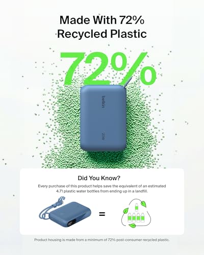 Belkin Portable Charger, Slim USB-C Power Bank 10,000mAh w/ 2 USB-C Ports, Digital Battery Display, 20W Charging Battery Pack - iPhone 17, Air, Pro, Samsung Galaxy S25, Pixel 10, iPad, & More - Blue - color: Blue, style: 10K mAh