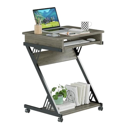 ALISENED Computer Desk for Small Spaces Compact Desk with Keyboard Tray | 23.6" Z-Shaped, with Wheels and Bottom Shelves, for Home Office, Computer Cart Mobile Laptop Cart, Grey - color: Grey
