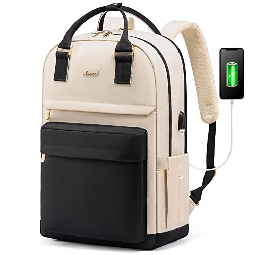 LOVEVOOK Laptop Backpack for Women Men, 17.3 Inch Laptop Bag with USB Port Fashion Waterproof Backpacks Teacher Nurse Stylish Travel Bags Vintage Daypacks Bookbag for College School Work - color: Black & Beige, size: 17.3 Inch