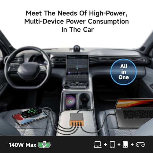 KFD 156W Car Charging Staition,140W USB C Laptop Car Charger,PD3.1&QC3.0 Fast Charging Cigarette Lighter Car USB Charger Multi Port 6.56FT Cable for MacBook/iPad/40W iPhone 17 15 Pro Max/Samsung S25