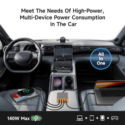 KFD 156W Car Charging Staition,140W USB C Laptop Car Charger,PD3.1&QC3.0 Fast Charging Cigarette Lighter Car USB Charger Multi Port 6.56FT Cable for MacBook/iPad/40W iPhone 17 15 Pro Max/Samsung S25